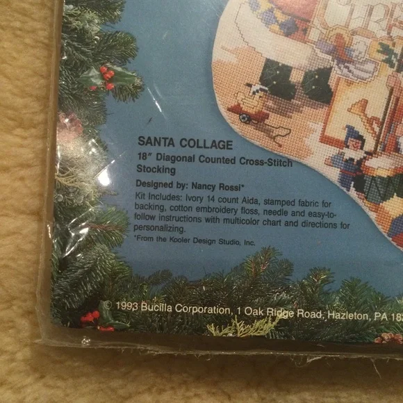 Vintage Bucilla Santa Collage Christmas stocking cross stitch kit - Picture 2 of 6